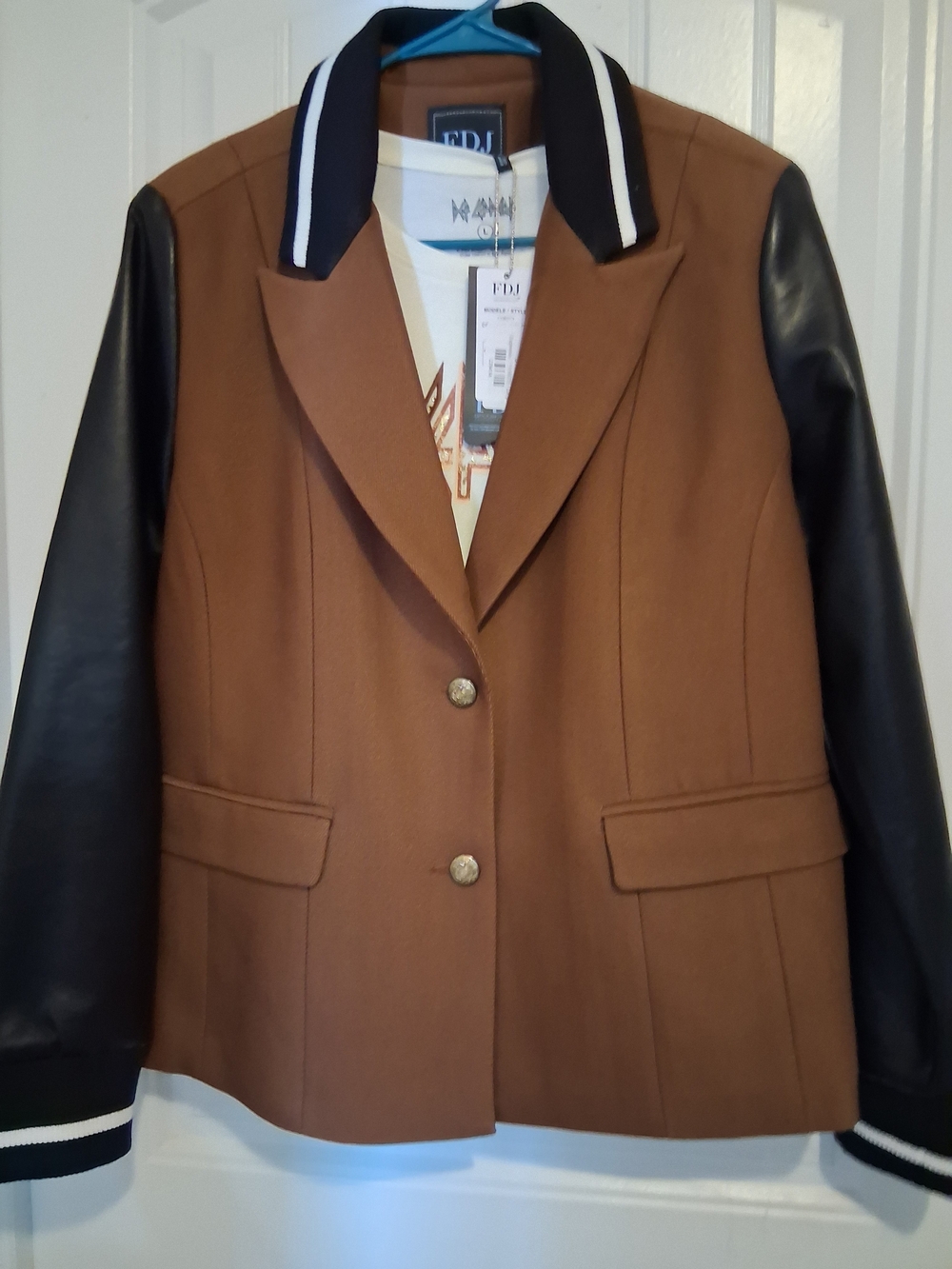 Brown Wool-Blend Jacket with Black Leather Sleeves